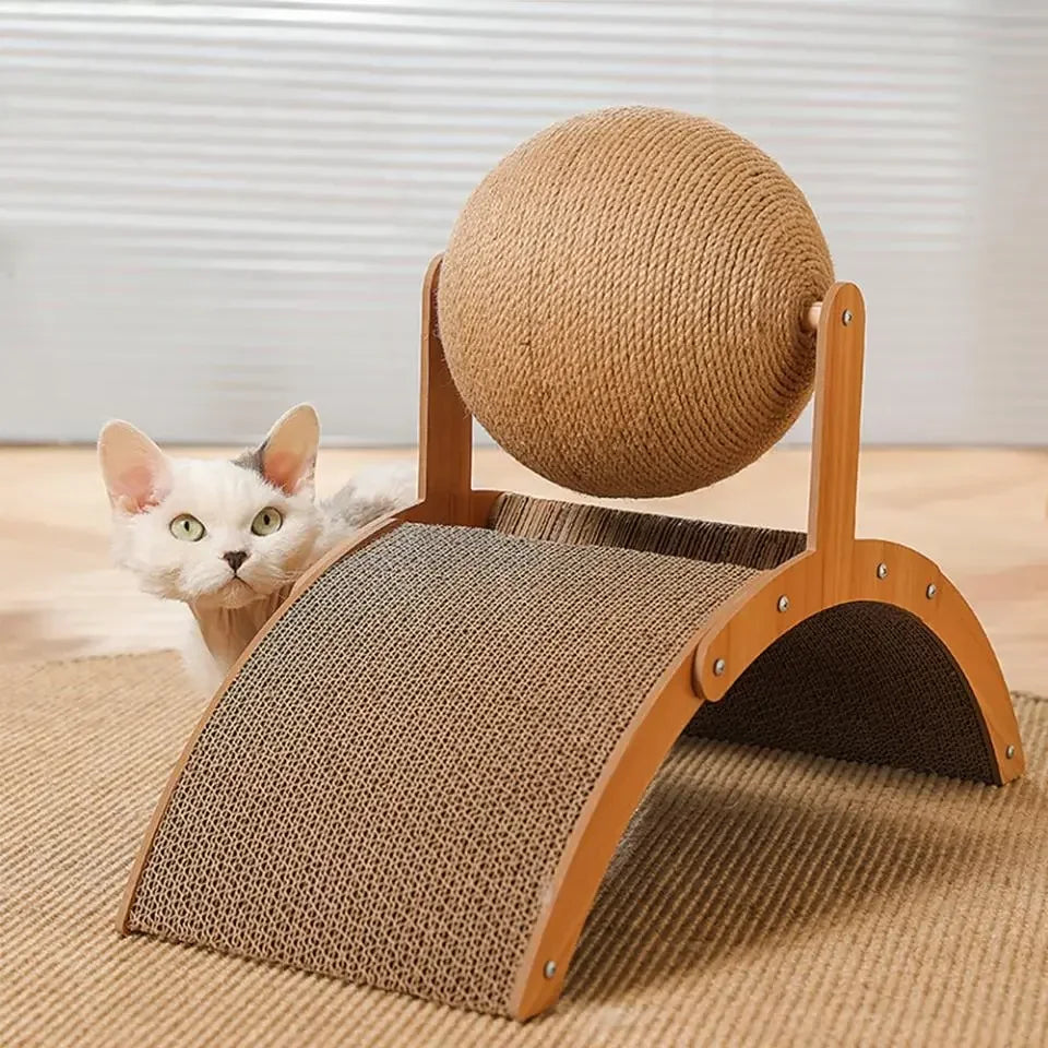 Mystery Paw 2-in-1 Wooden Cat Scratcher & Sisal Ball – Stylish Cat Furniture for Healthy Scratching