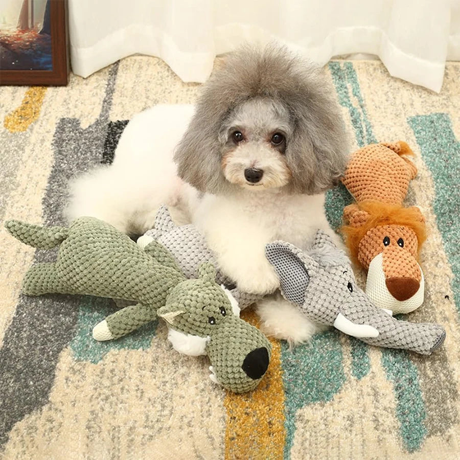 Squeaky Lion, Wolf, & Elephant Plush Toys for Dogs