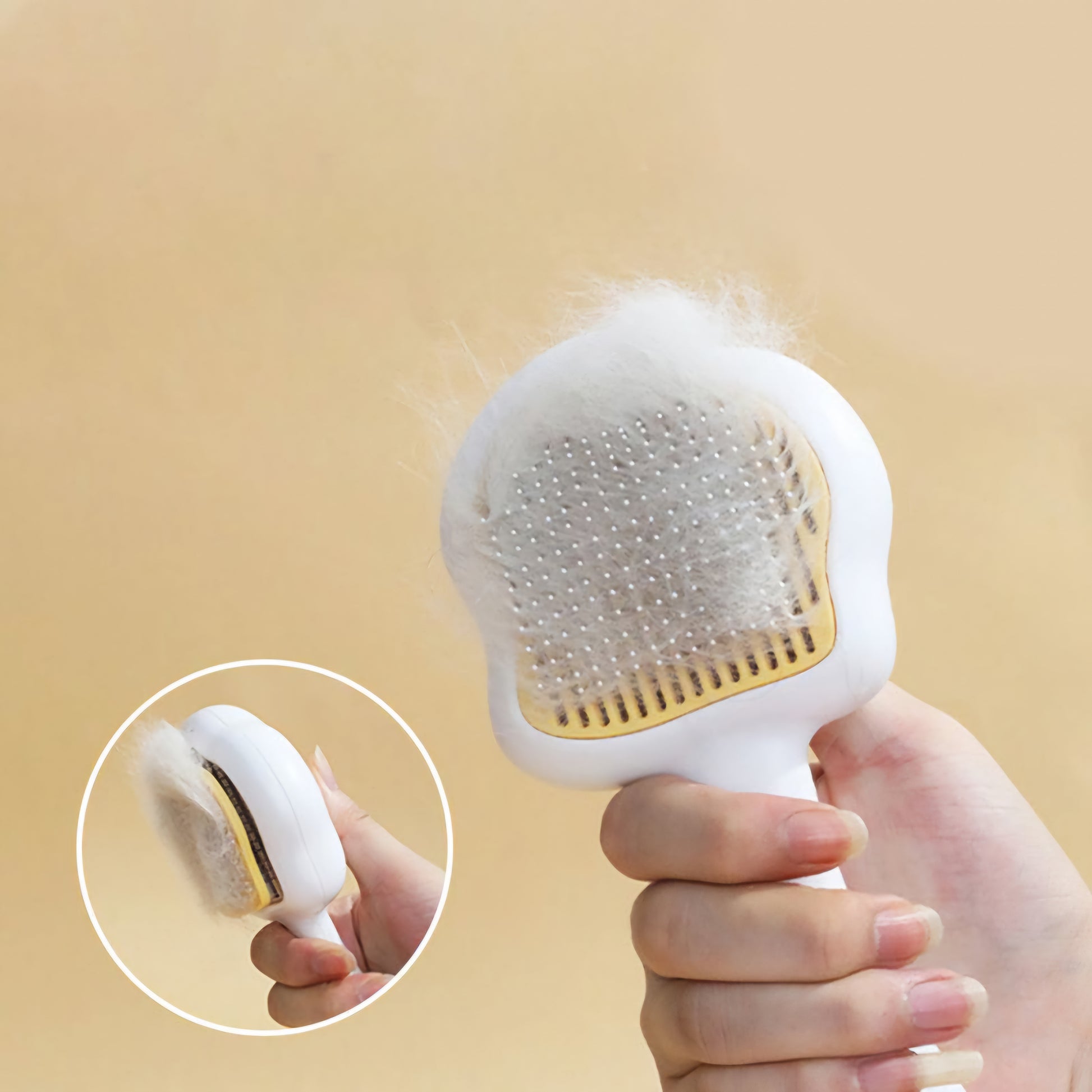 Pet grooming brush with easy-clean feature removing dog and cat hair