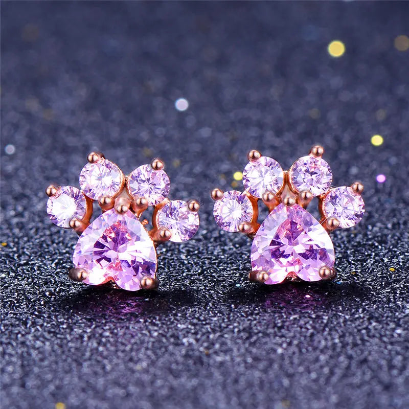Rose Gold Crystal Paw Earrings for Pet Lovers