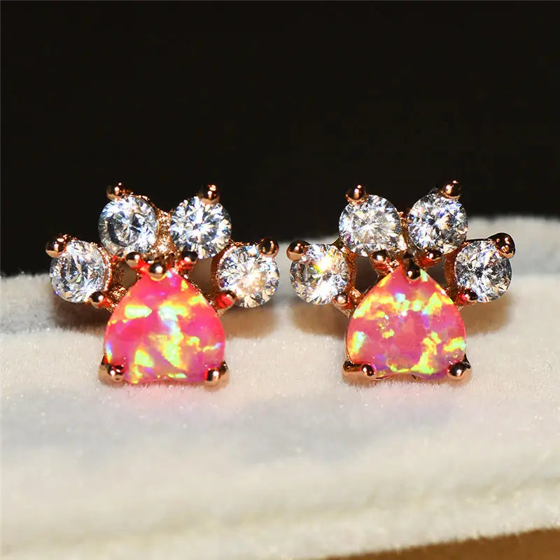 Rose Gold Crystal Paw Earrings for Pet Lovers