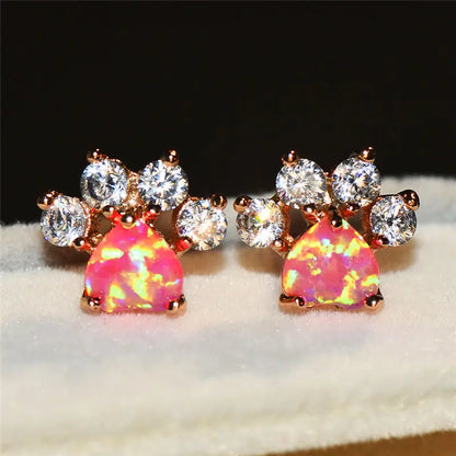 Rose Gold Crystal Paw Earrings for Pet Lovers