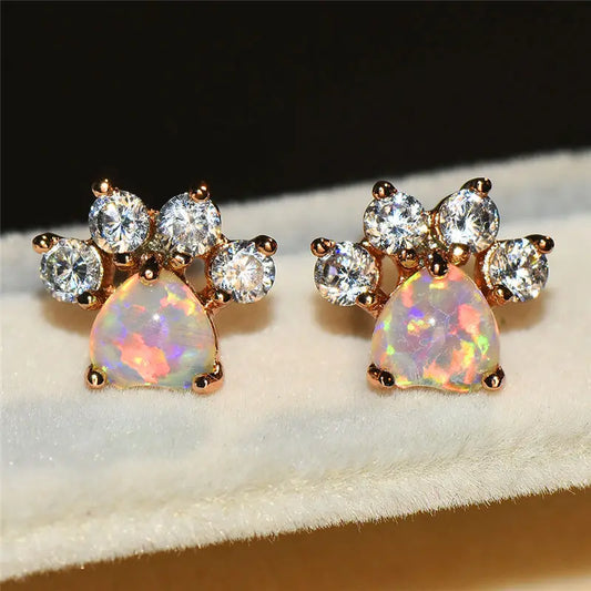 Rose Gold Crystal Paw Earrings for Pet Lovers