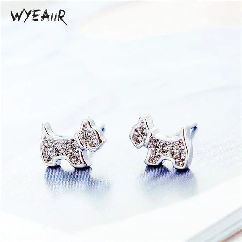 925 Sterling Silver Zircon Puppy Dog Stud Earrings