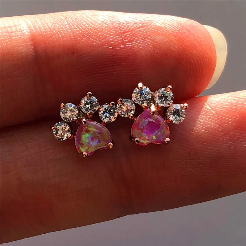 Rose Gold Crystal Paw Earrings for Pet Lovers