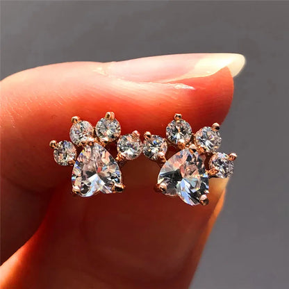 Rose Gold Crystal Paw Earrings for Pet Lovers