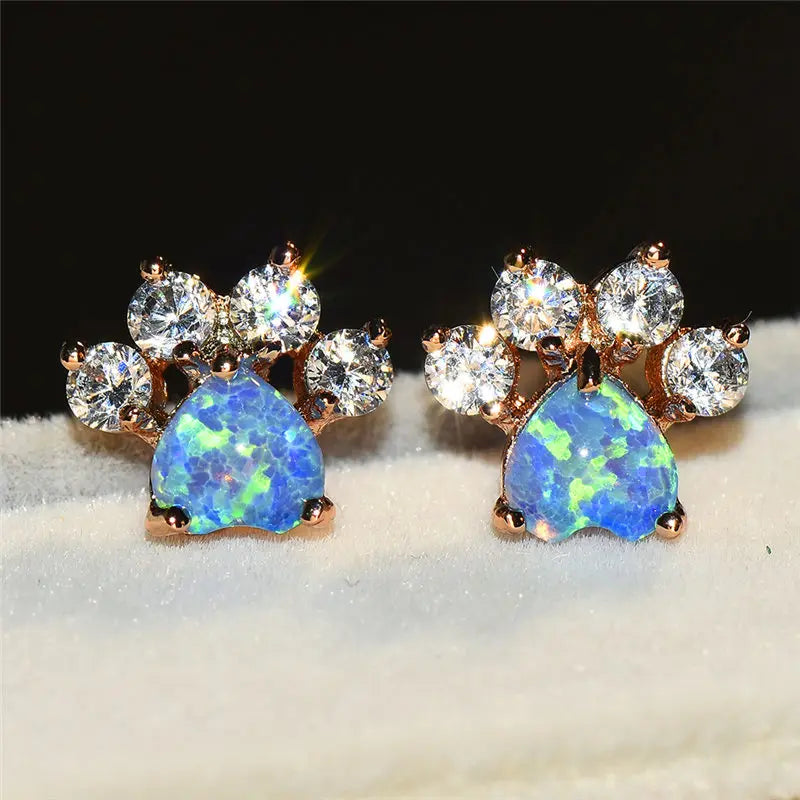 Rose Gold Crystal Paw Earrings for Pet Lovers