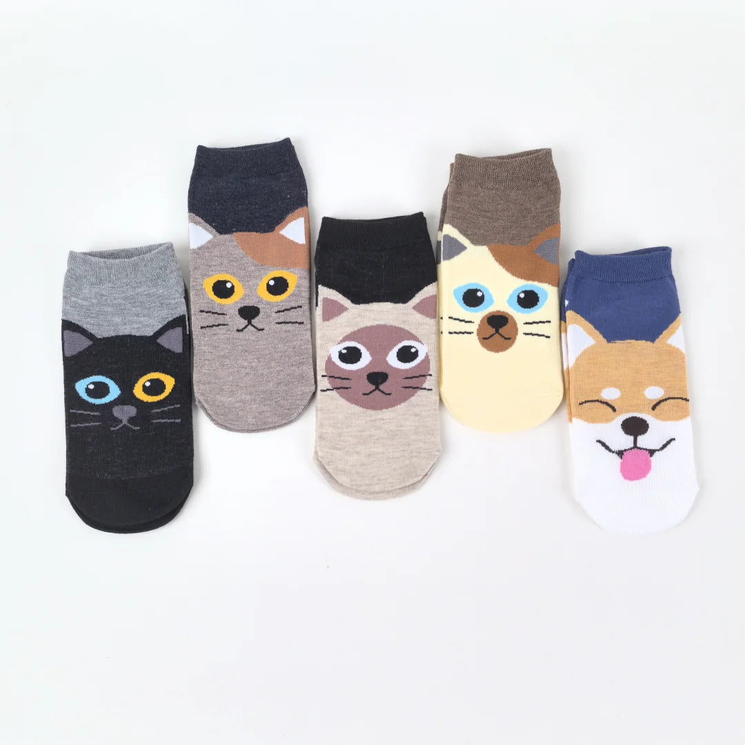 Comfy Cartoon Cat & Dog Women's Socks - 5 Pairs