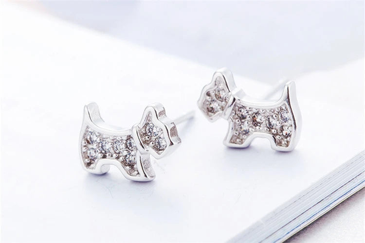 925 Sterling Silver Zircon Puppy Dog Stud Earrings