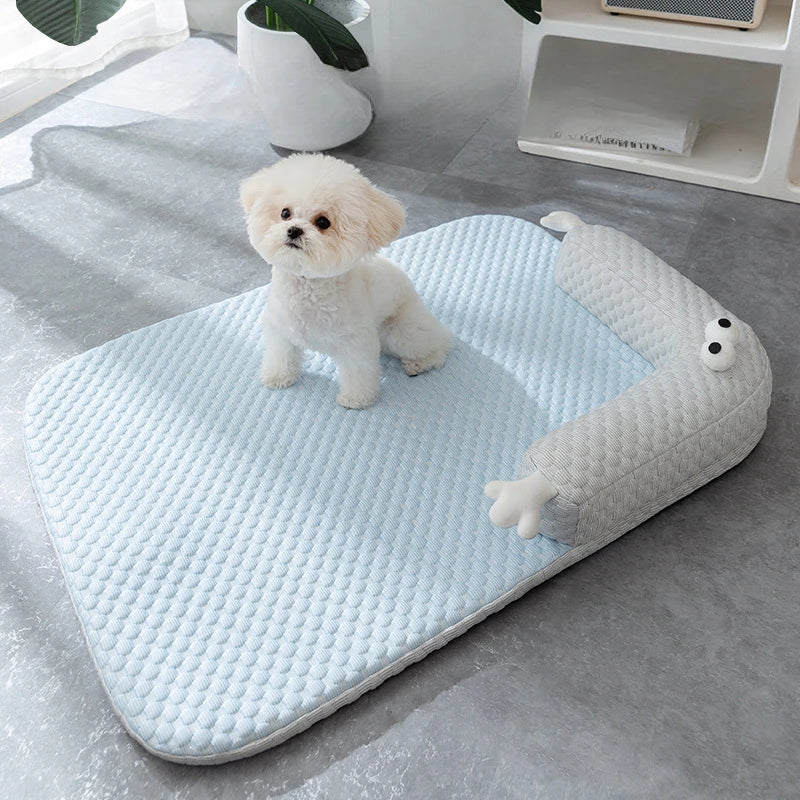 Small white dog sitting on plush orthopedic dog bed for small breeds