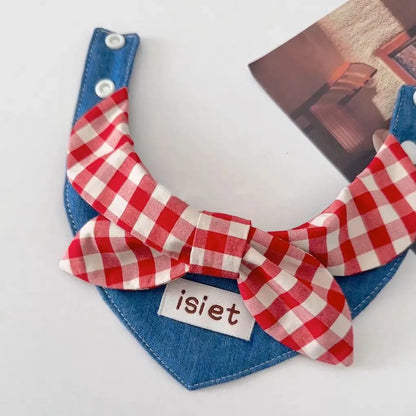 Retro Denim & Red Plaid Bow Tie for Stylish Pets