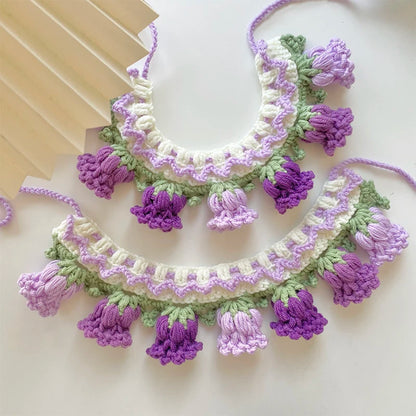 Handmade Knit Collar with Orchid Bell for Cats & Dogs