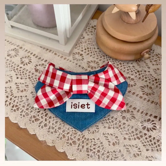 Retro Denim & Red Plaid Bow Tie for Stylish Pets