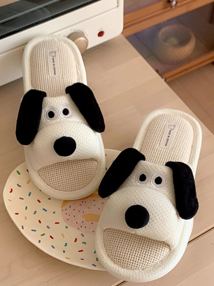 Women's Cartoon Dog Linen Slippers - Cozy & Fun Indoor Footwear