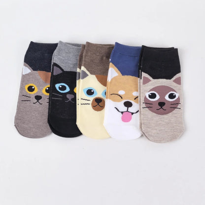 Comfy Cartoon Cat & Dog Women's Socks - 5 Pairs