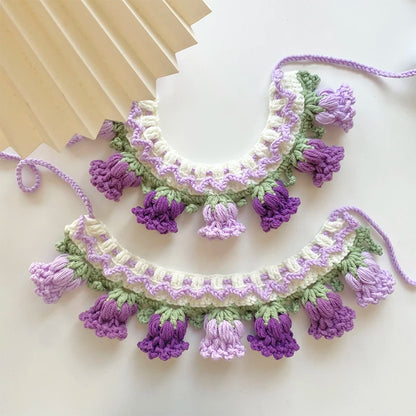 Handmade Knit Collar with Orchid Bell for Cats & Dogs