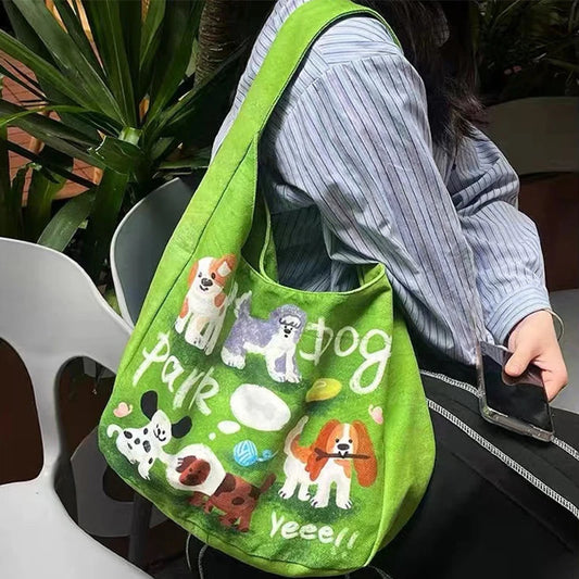 Mystery Paw Fresh Green Puppy Shoulder Bag - Stylish and Spacious Tote