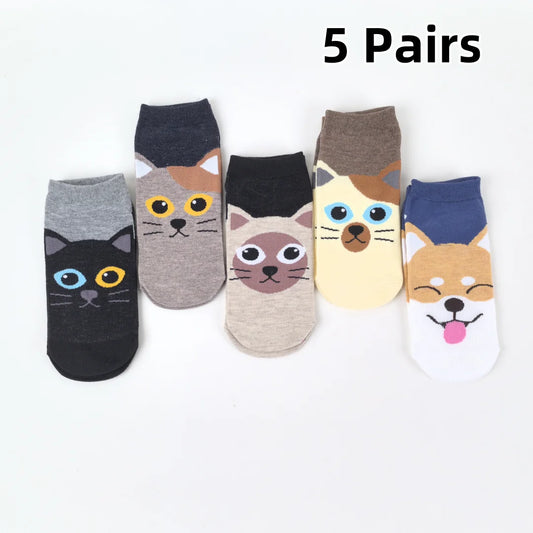 Comfy Cartoon Cat & Dog Women's Socks - 5 Pairs