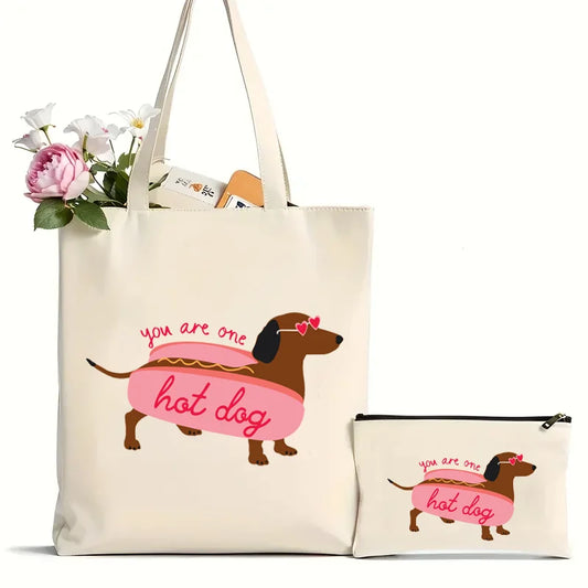 2Pcs Embroidered Dog Lover's Canvas Tote Bag for Travel & Shopping