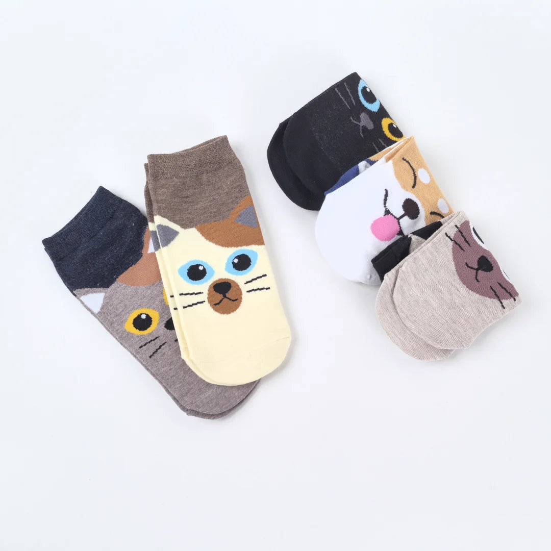 Comfy Cartoon Cat & Dog Women's Socks - 5 Pairs
