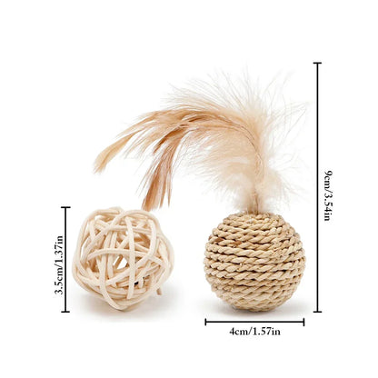 Funny Feather & Rattan Bell Balls - Interactive Cat Toys