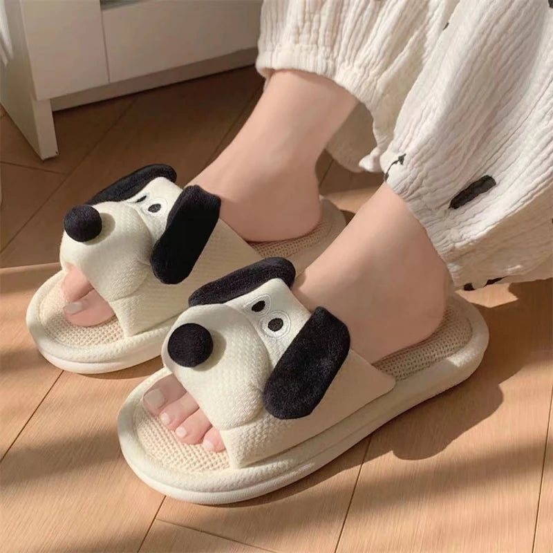 Women's Cartoon Dog Linen Slippers - Cozy & Fun Indoor Footwear