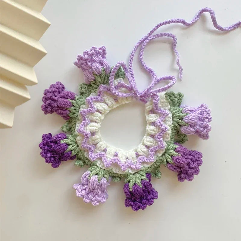 Handmade Knit Collar with Orchid Bell for Cats & Dogs