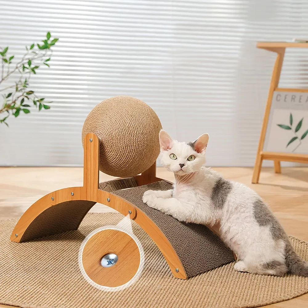 Mystery Paw 2-in-1 Wooden Cat Scratcher & Sisal Ball – Stylish Cat Furniture for Healthy Scratching