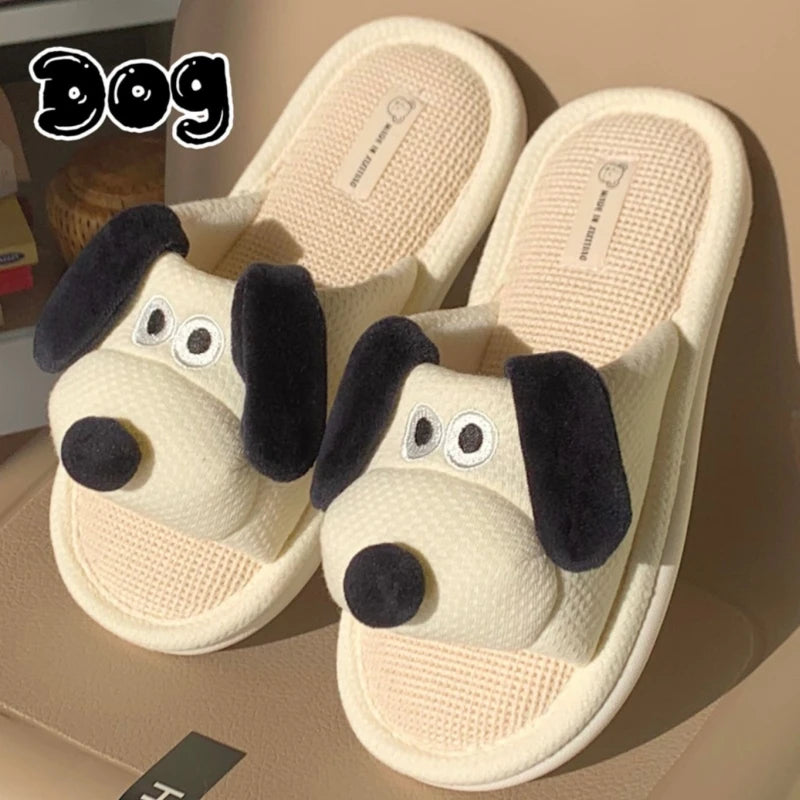 Women's Cartoon Dog Linen Slippers - Cozy & Fun Indoor Footwear