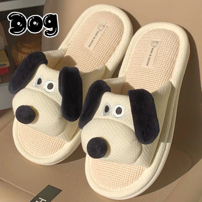 Women's Cartoon Dog Linen Slippers - Cozy & Fun Indoor Footwear