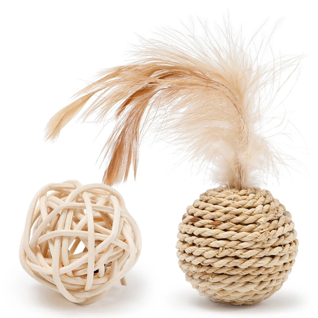 Funny Feather & Rattan Bell Balls - Interactive Cat Toys