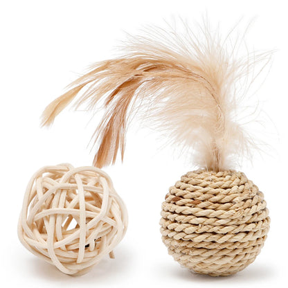 Funny Feather & Rattan Bell Balls - Interactive Cat Toys