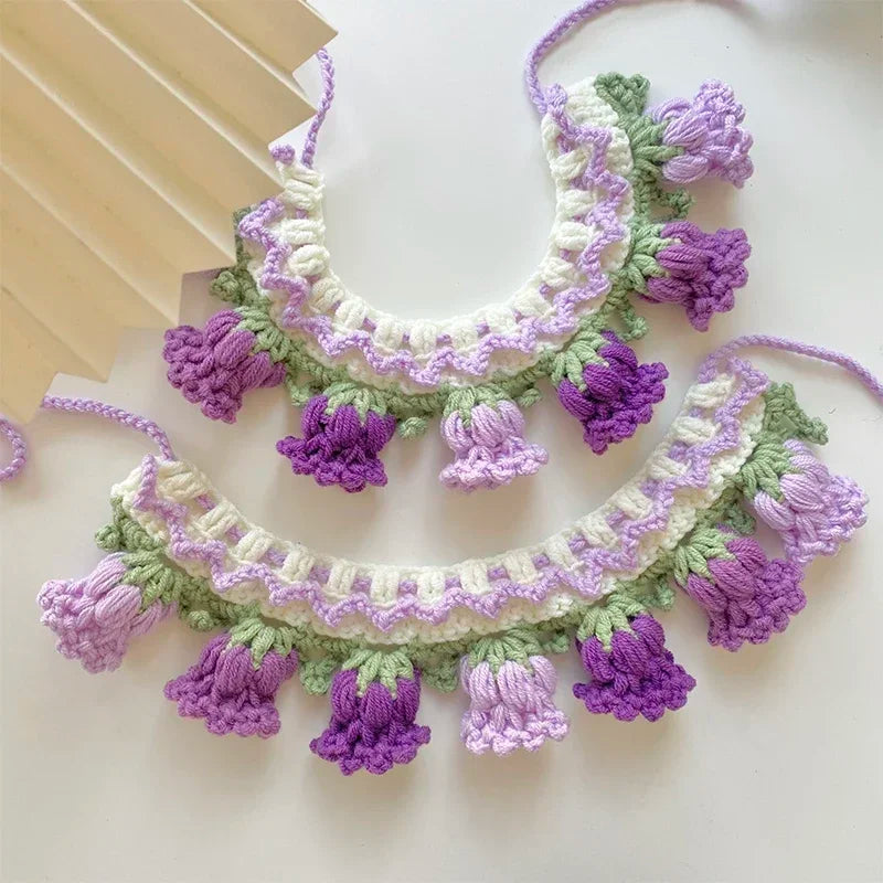 Handmade Knit Collar with Orchid Bell for Cats & Dogs