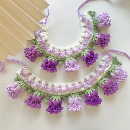 Handmade Knit Collar with Orchid Bell for Cats & Dogs