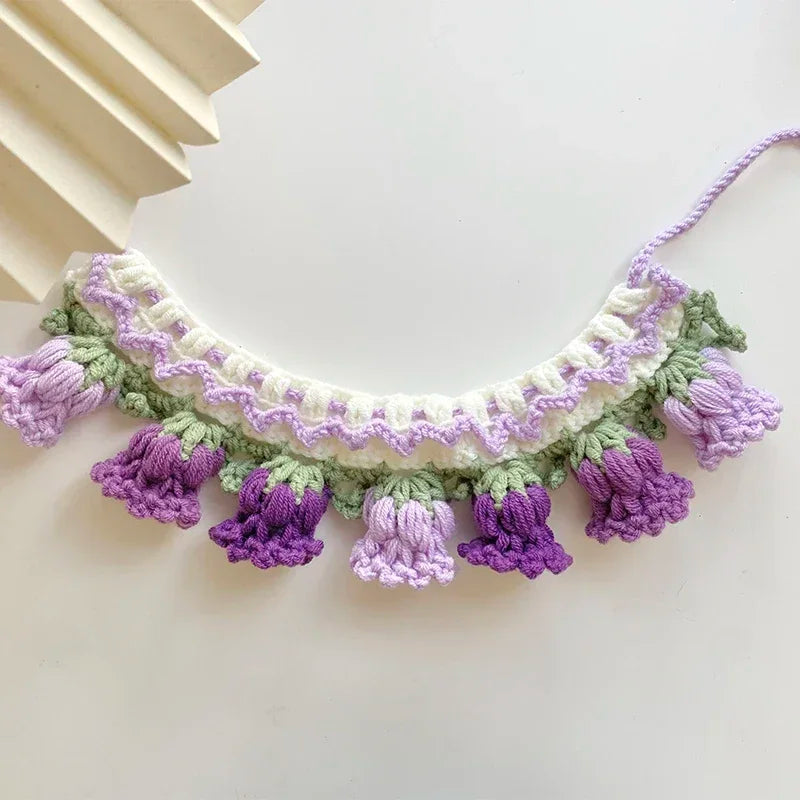 Handmade Knit Collar with Orchid Bell for Cats & Dogs