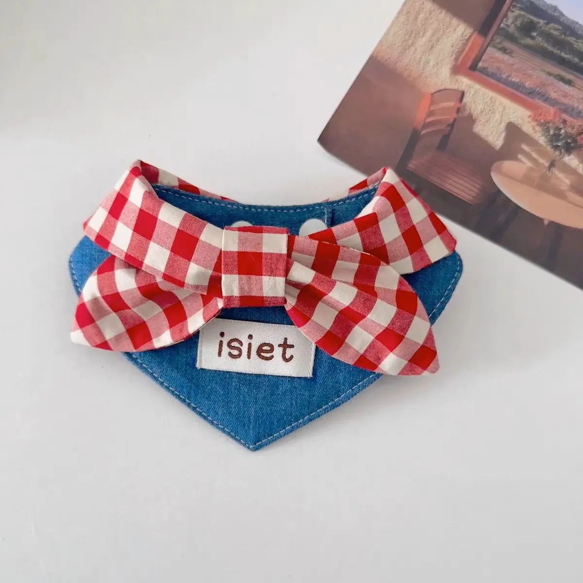 Retro Denim & Red Plaid Bow Tie for Stylish Pets