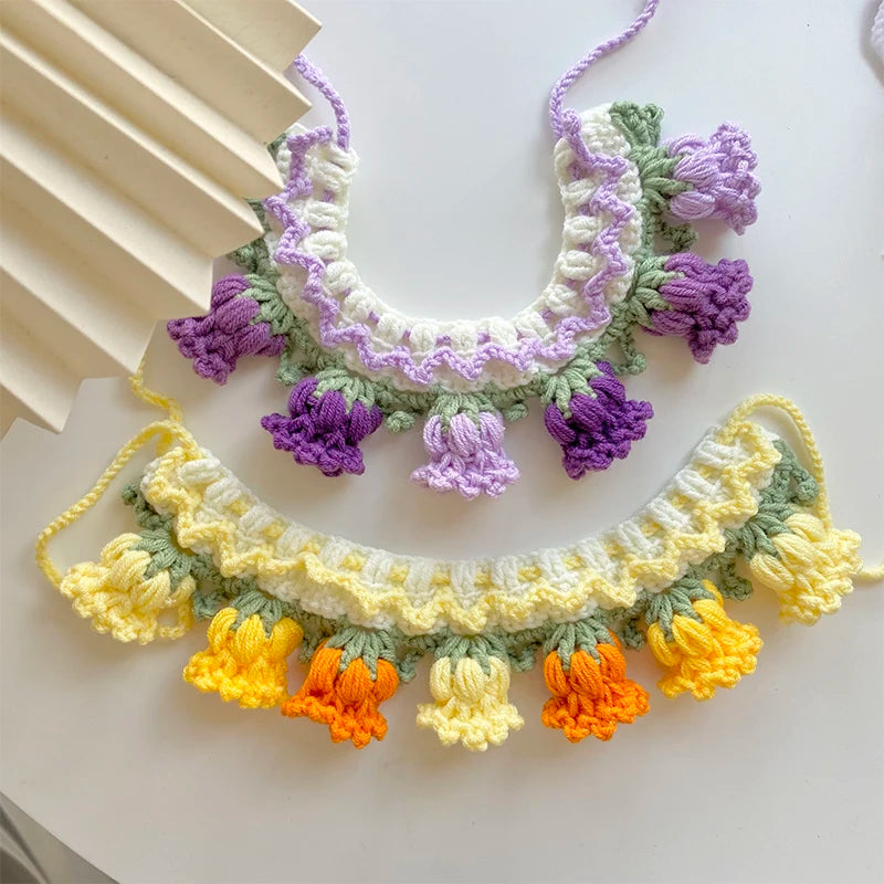 Handmade Knit Collar with Orchid Bell for Cats & Dogs