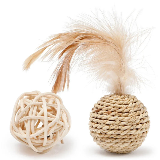 Funny Feather & Rattan Bell Balls - Interactive Cat Toys