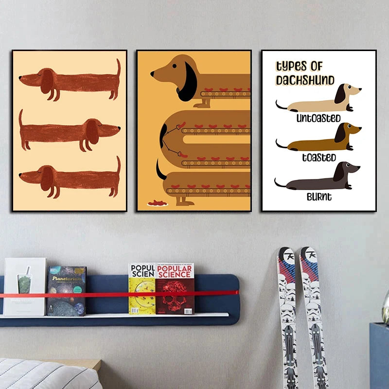 Kawaii Dachshund Dog Canvas Wall Art for Home Decor