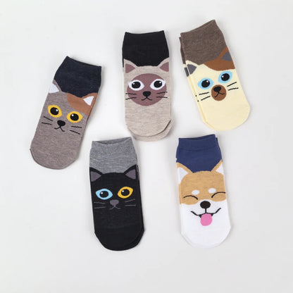 Comfy Cartoon Cat & Dog Women's Socks - 5 Pairs