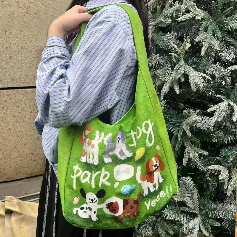 Mystery Paw Fresh Green Puppy Shoulder Bag - Stylish and Spacious Tote