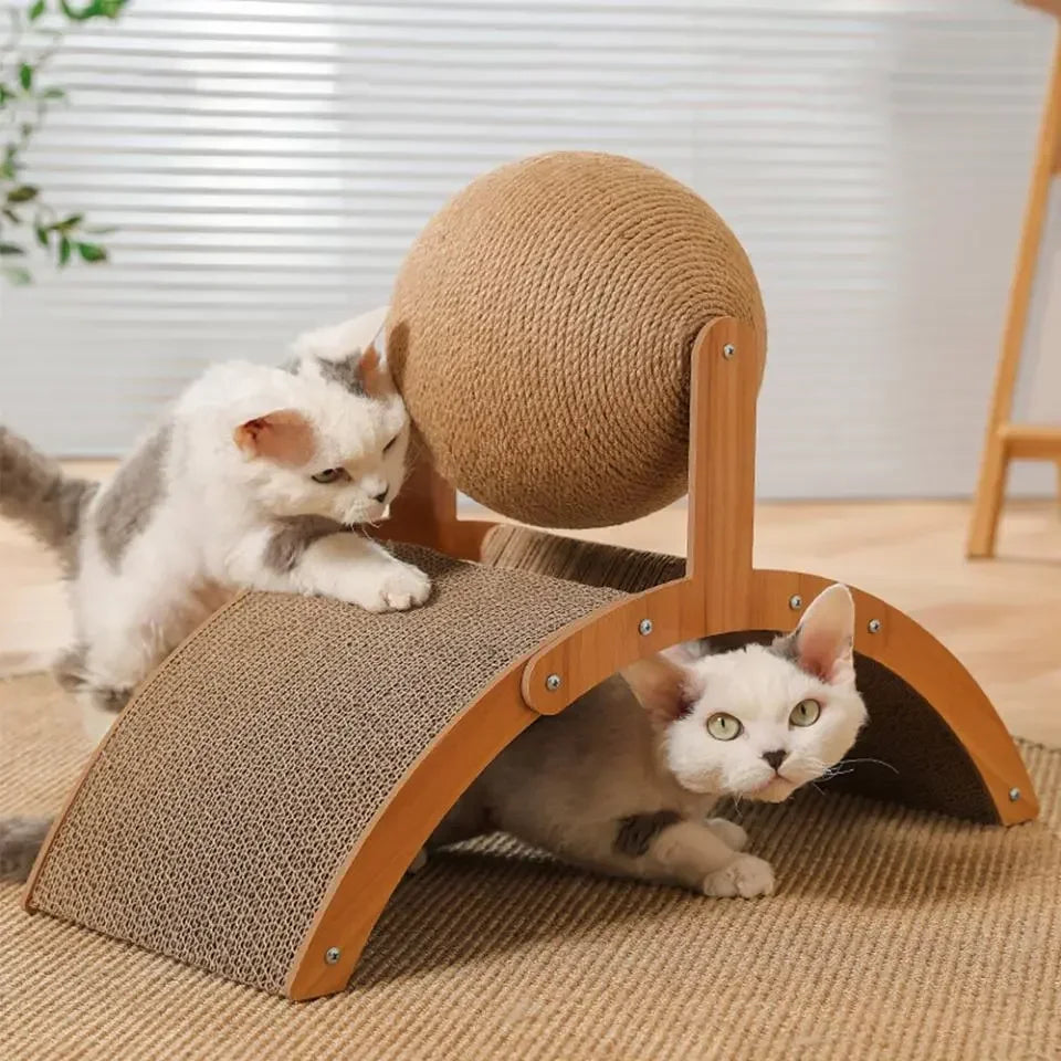 Mystery Paw 2-in-1 Wooden Cat Scratcher & Sisal Ball – Stylish Cat Furniture for Healthy Scratching
