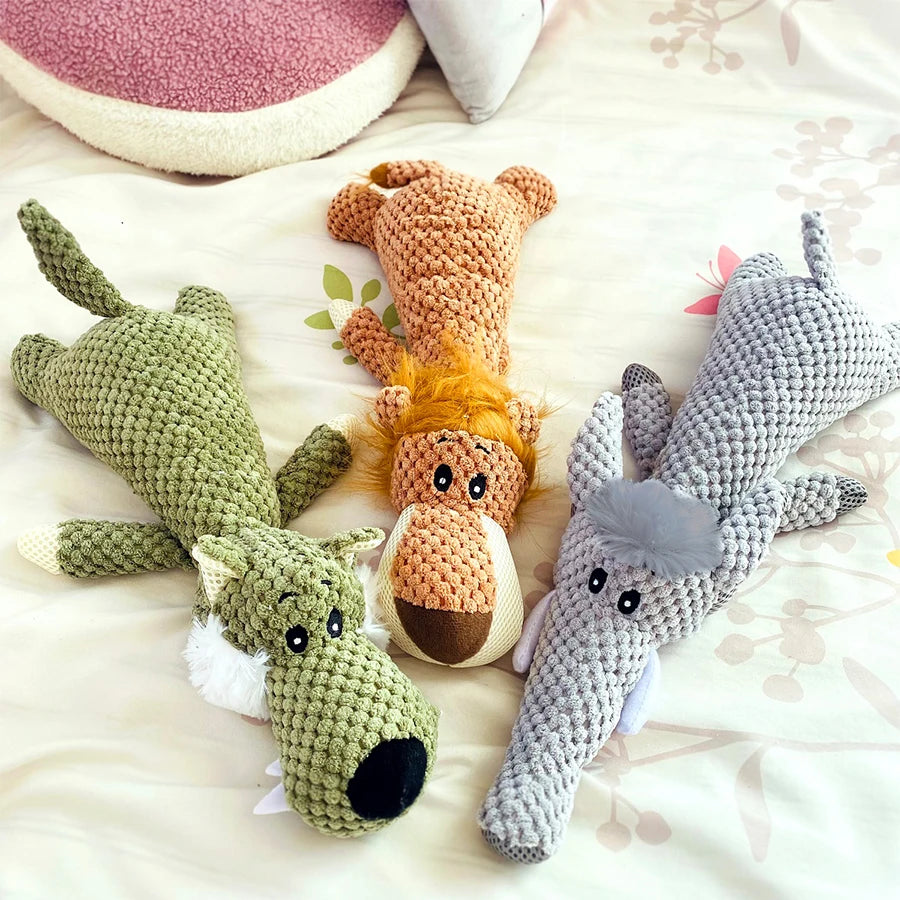 Squeaky Lion, Wolf, & Elephant Plush Toys for Dogs