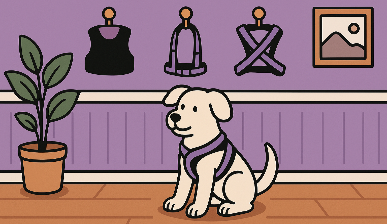 Cartoon dog wearing a purple harness sitting on a wooden floor with a purple wall and plant in the background.